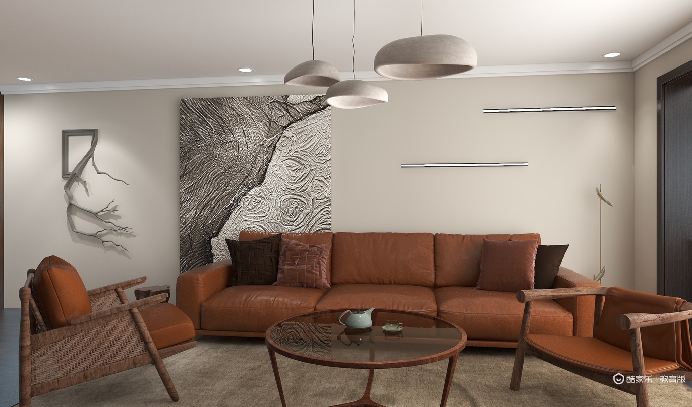 这个客厅空间设计时尚而简洁，以棕色为主色调，营造出一种温馨而舒适的感觉。墙面是米白色的，配以一副艺术画作，画面是一棵大树的枝干，简约而富有艺术感。吊顶采用的是白色，与墙面形成对比，使空间更加立体。家具有棕色的皮质沙发和两把木质椅子，一把单人椅在沙发旁边，一把三人椅在沙发后方，都设计得简约而美观。茶几是棕色的，采用玻璃材质，桌面上放着一些饰品，增添了几分生活气息。吊灯是三个圆形的，挂在房间中央，灯光温馨而柔和，为整个空间增添了温暖的氛围。地面上铺着一张深色的地毯，与整个空间的色调相协调，使整个客厅更加和谐统一。