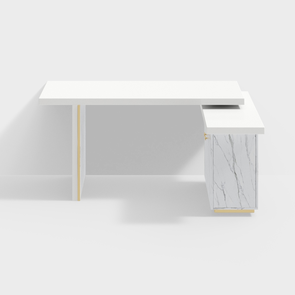 2235 mm moderner weißer L-förmiger Schreibtisch mit Seitenschrank Holz-Büroschreibtisch Gold-Finish