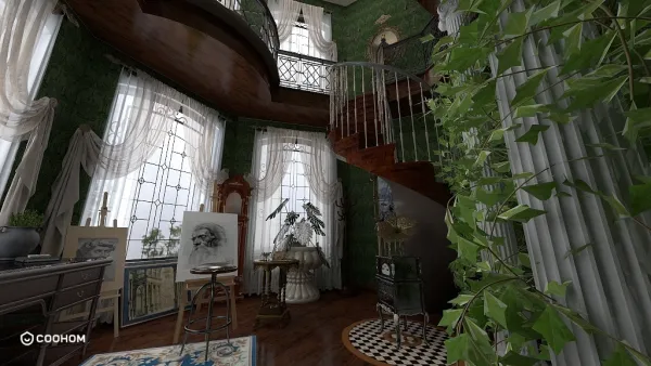 An art studio that I would personally love to live in and create in. Lots of greenery and nature with large windows and a hexagonal structure with a lofted library, as well as a sink, spiral staircase, entryway, and large mirror.