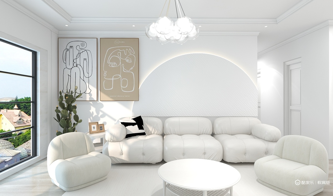 这个室内空间以白色为主色调，充满了简约、明亮的感觉。图中是一室一厅的户型，客厅是主要区域，客厅墙面是白色的，地面上铺着白色地毯，天花板上挂着白色的顶灯。客厅的家具布置十分简单，只有一张白色的弧形沙发和一个圆形的白色茶几。沙发的旁边放着两盆绿色的盆栽，增添了一些生机。墙上挂着两幅画作，主题是人体线条画，增添了一些艺术气息。窗户的窗帘被打开，阳光从窗户照进来，照亮了整个房间。