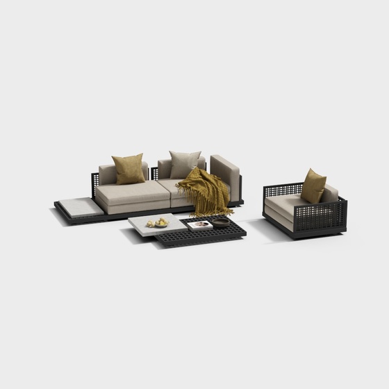 Modern Rattan Outdoor Sofa Set 3D Model in Beige