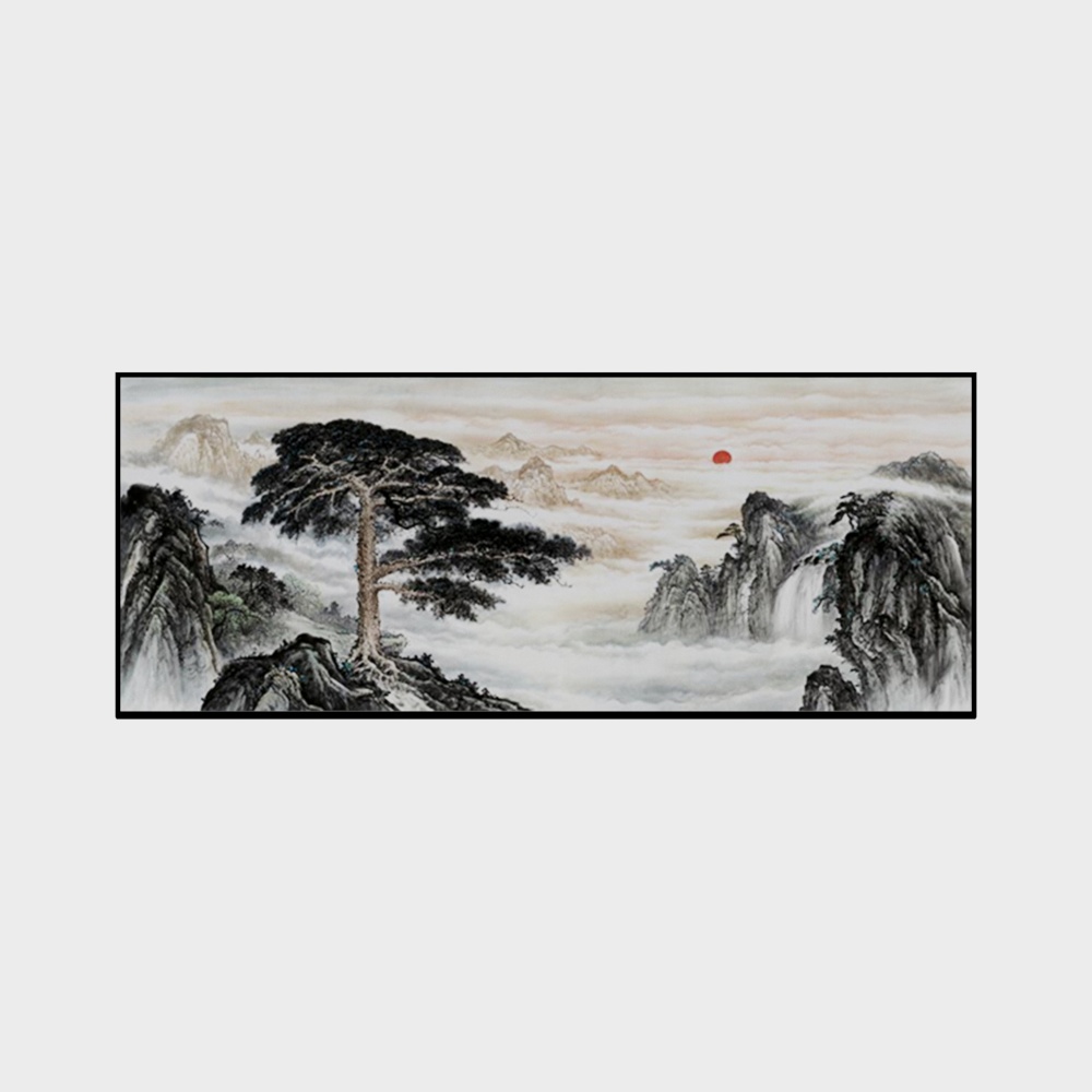 艾尔兰装饰画-新中式横版意境禅意装饰画水墨床头客厅挂画茶室接待厅瑜珈馆美容馆花枝花朵荷叶连藕山水画卧室客厅餐厅清新古风简约简洁家装工装装饰画