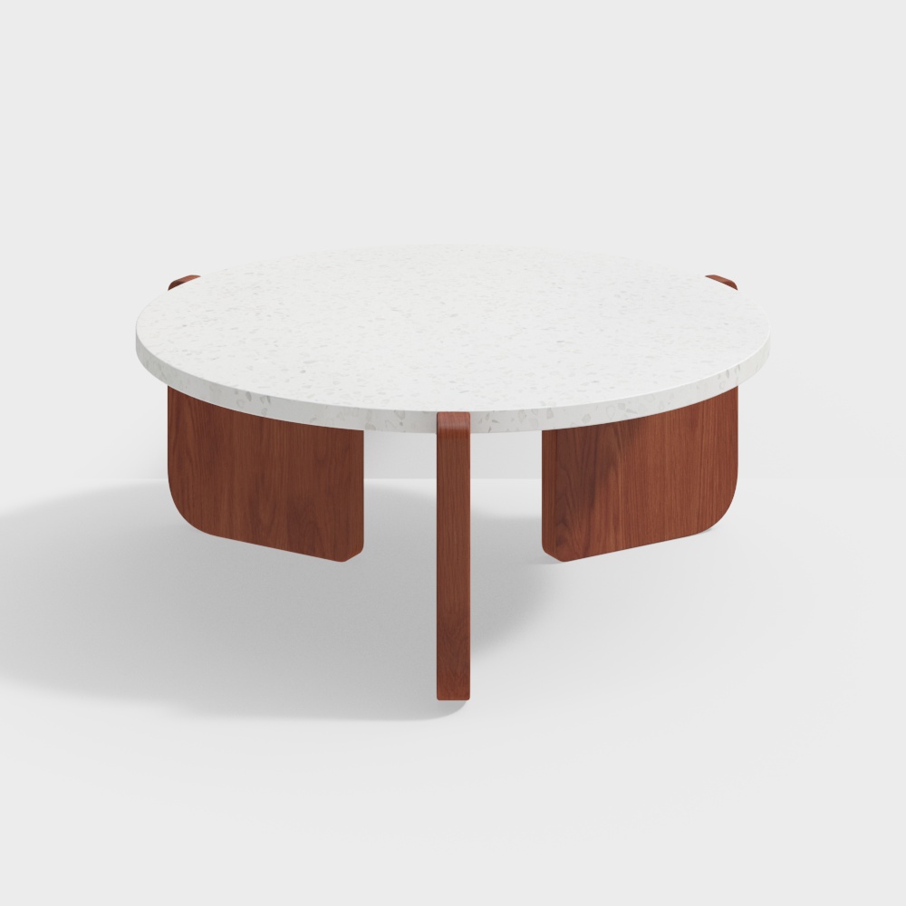 Mesa de café redonda de terrazo blanca de 850 mm con patas de madera de pino en nogal