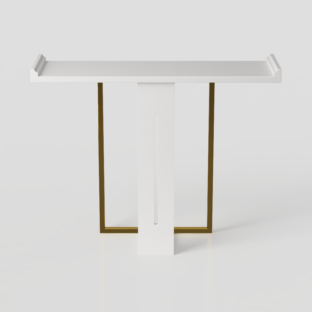 1000 mm schmaler Konsolentisch für Eingangsfoyer, weißes Massivholz und goldenes Metall, klein