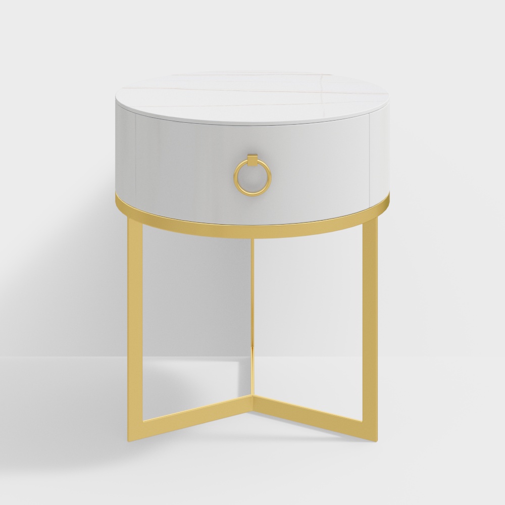 Round White Bedside Table with 1 Drawer Modern Bedside Table with Gold Frame