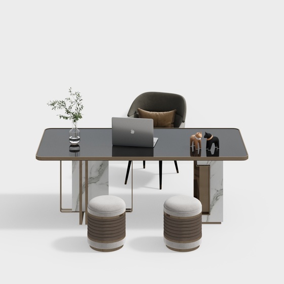French Style Desk and Chair Combination 3D Model in Gray