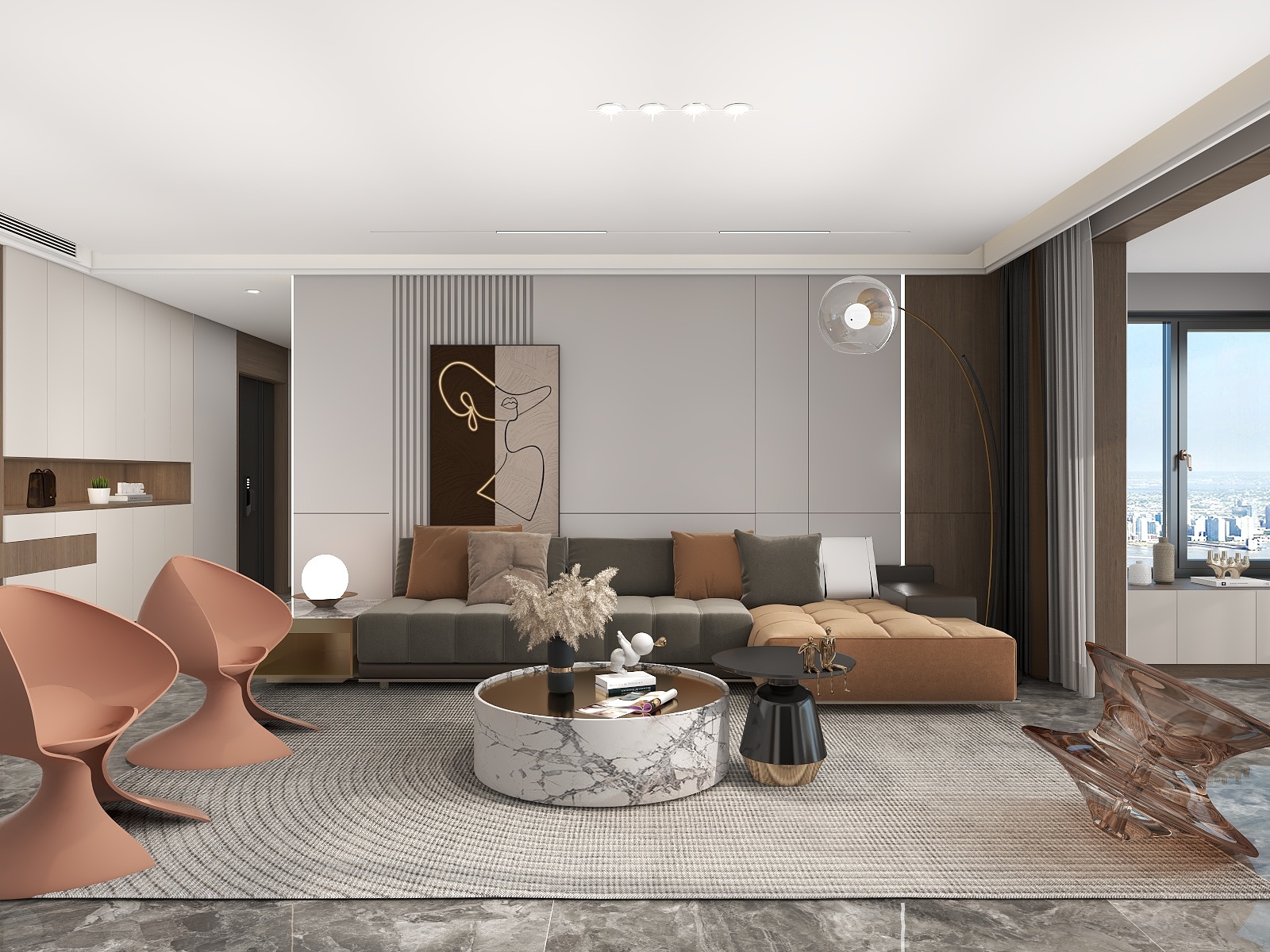 吴爽-现代简约深色调大平层设计装修效果图