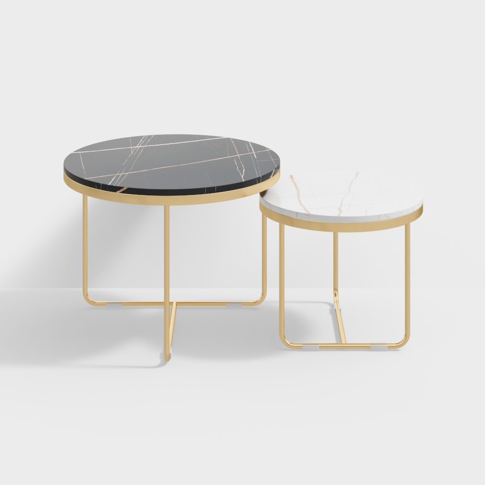 Juego de mesa de centro redonda moderna, 2 piezas, piedra sinterizada en blanco y negro, base dorada