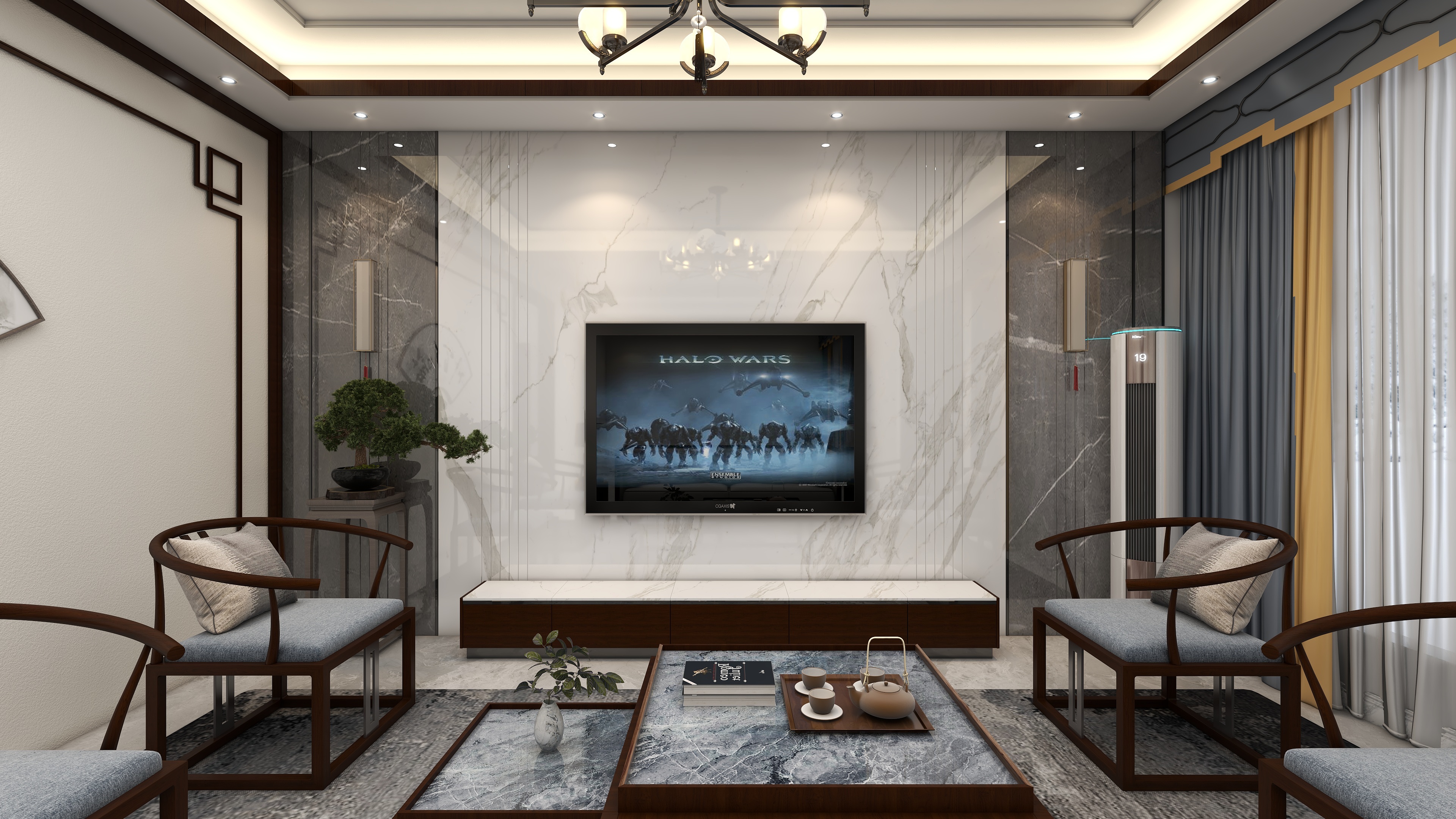 星空设计500一套-90㎡新中式别墅一层装修效果图