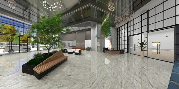 Super specialty hospital entrance lobby area witch design carefully to maintain greenery and openness inside the area.