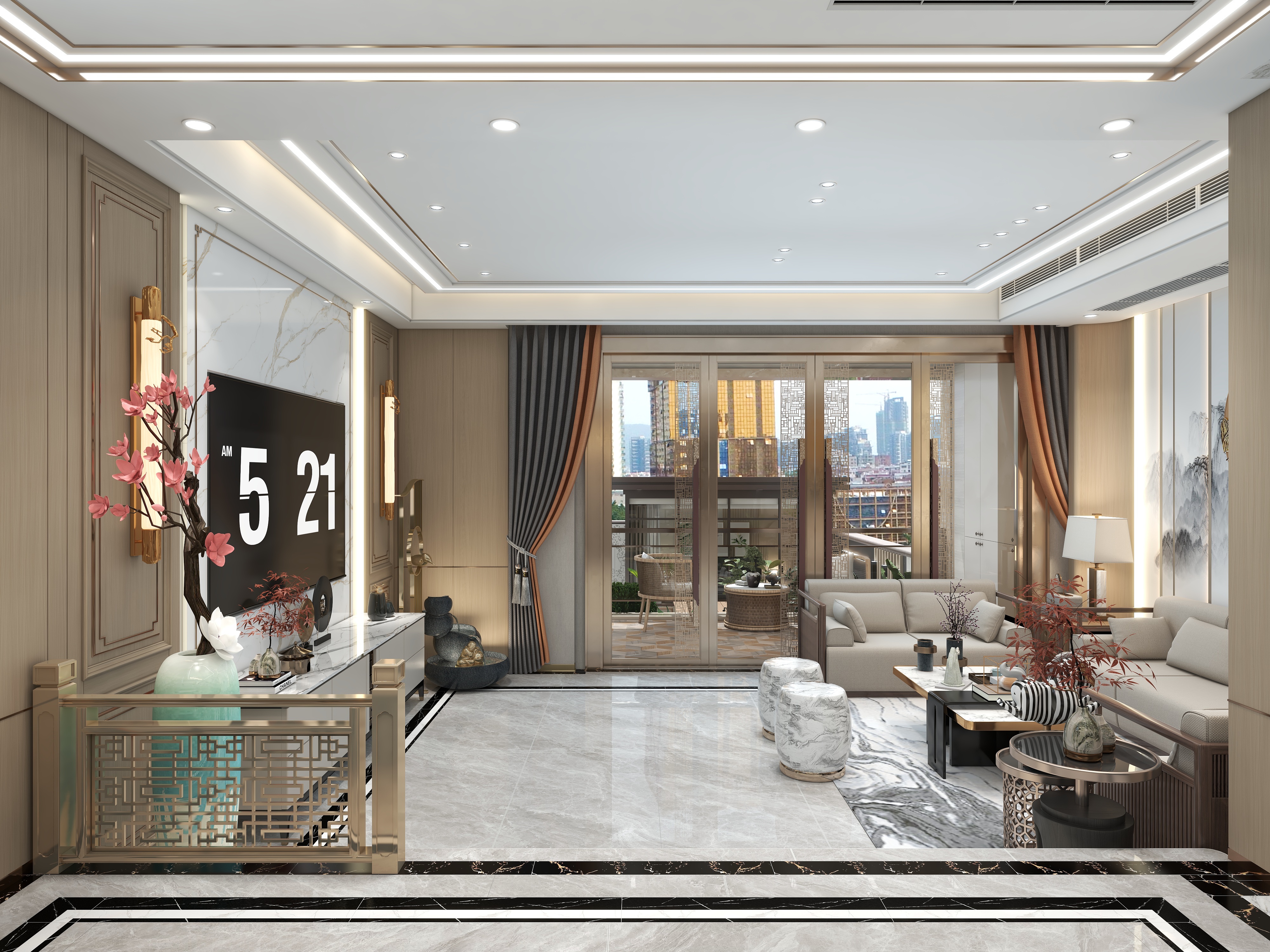 湛智华-新中式别墅506平4层庭院+影视间+阳光房装修效果图