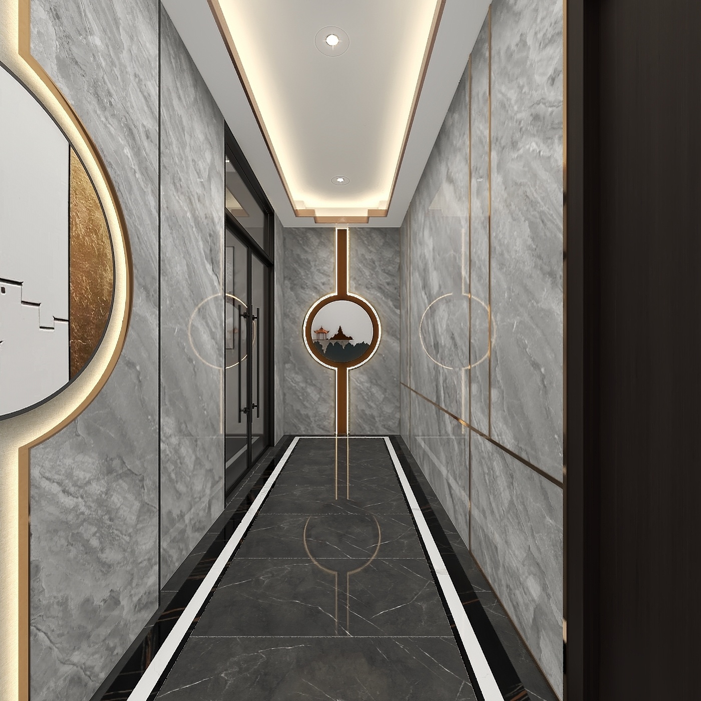 欧阳雪健-新中式别墅私享会所-KTV酒吧一层过道装修效果图第3张