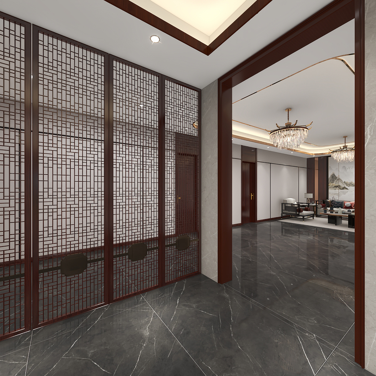 欧阳雪健-新中式别墅私享会所-KTV酒吧二层楼梯间装修效果图第3张