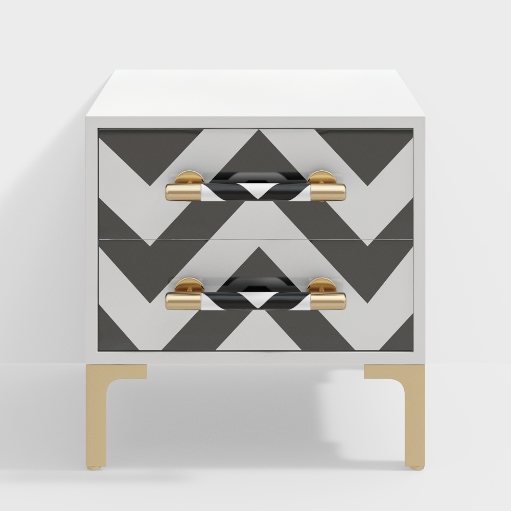 Waveo 2 Drawers Black & White Nightstand with Drawer Modern Bedside Table Gold Legs