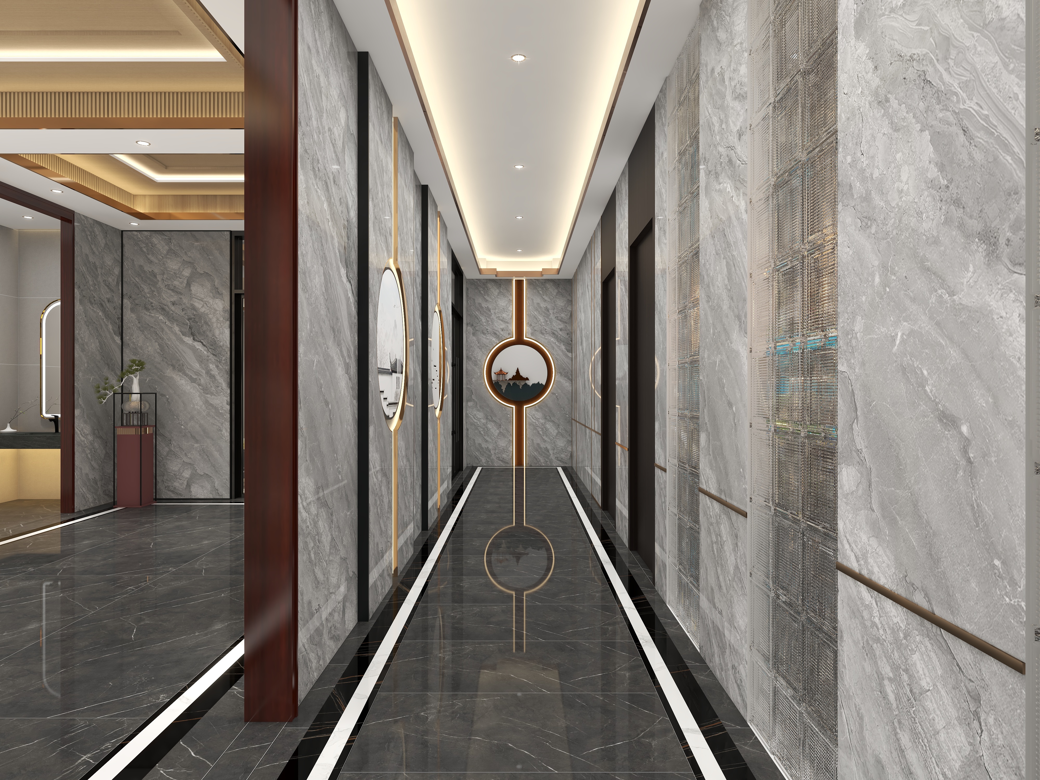 欧阳雪健-新中式别墅私享会所-KTV酒吧一层过道装修效果图第2张