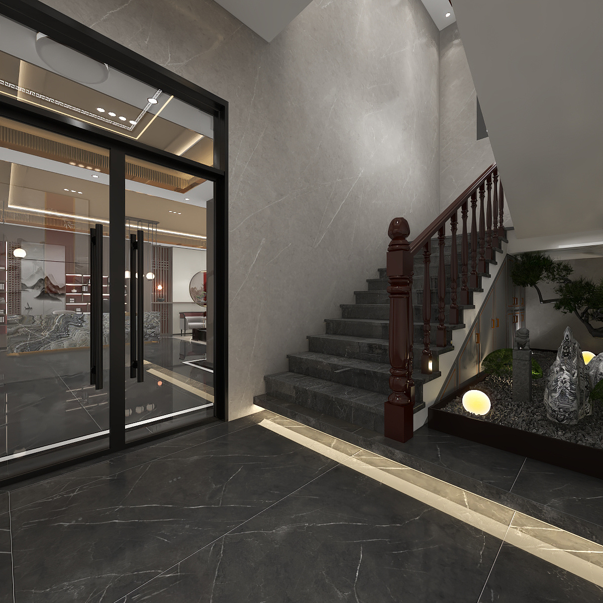 欧阳雪健-新中式别墅私享会所-KTV酒吧一层楼梯间装修效果图第3张