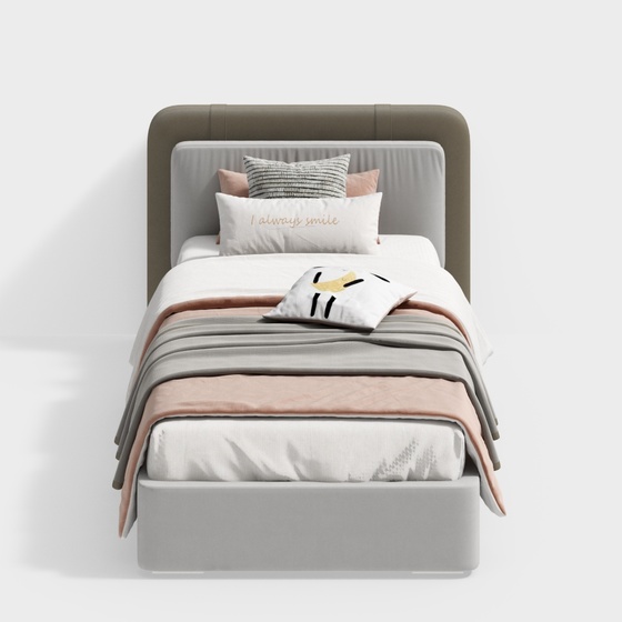 Modern Gray Fabric Single Bed 3D Model
