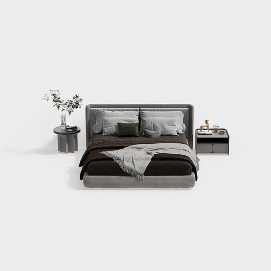 Stylish Modern Double Bed Set 3D Model in Black