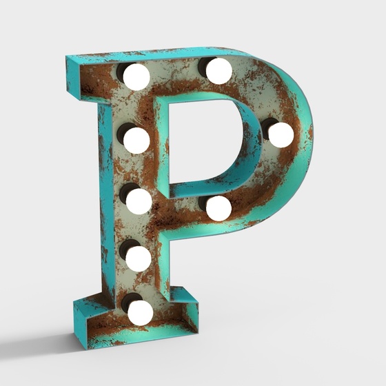 Industrial Style Text P 3D Model in Green and Wood Color