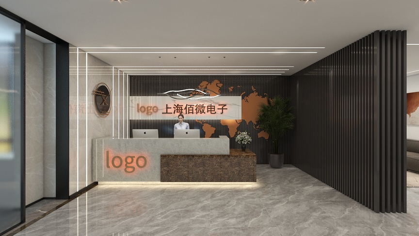 图中是一个公司的前台，墙面是白色和黑色相间的壁纸，壁纸上还有一些棕色的木纹。前台的左侧是一面全身镜子，镜子后面是白色的墙，墙上挂着一个圆形的徽章。徽章后面是一个公司的logo，logo是白色背景、黑色字体。公司名字则写在了logo下方，名字的背景是棕色。前台的右侧是一盆绿植，绿植前有一个圆形的黑色小桌子。小桌子的后面是沙发墙，墙面是黑色的波浪板。图片的最右侧是一个装饰性的屏风，屏风后面是与前台颜色相同的壁纸。整个场景非常现代、时尚。