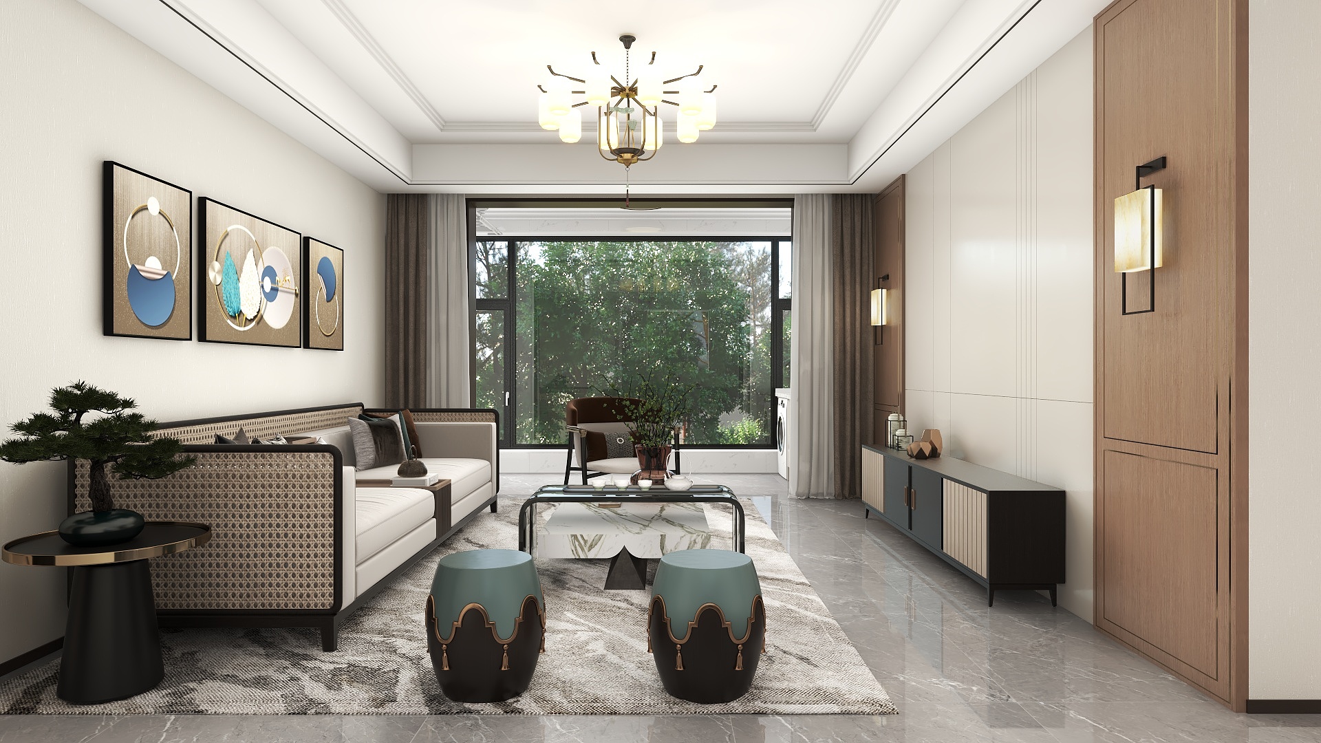 李青越-125方新中式风格三居室装修效果图