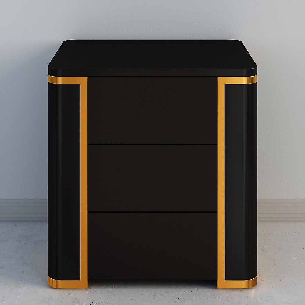 Table de chevet carrée moderne de luxe à 3 tiroirs noire et dorée