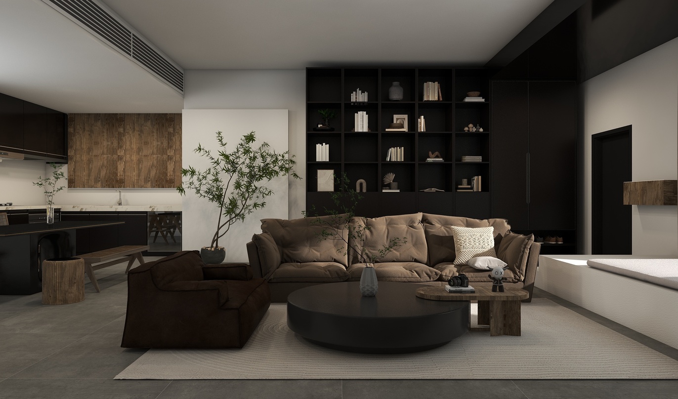 这是一间宽敞的客厅，空间以灰色和棕色为主色调，显得既简洁又大方。墙面是黑色的，与白色的天花板形成了鲜明的对比。地面上铺着灰色的地毯，地毯上放着一个圆形的黑色茶几，茶几上放着一个黑色的圆形边桌。沙发上放着深棕色的沙发垫，旁边放着一个带白色靠垫的深棕色沙发，沙发上还放着一个黑色的盆栽。墙上挂着一个黑色的书架，书架上整齐地放着各种书籍。整个空间布局合理，装饰精致，营造出一种宁静而高雅的氛围。