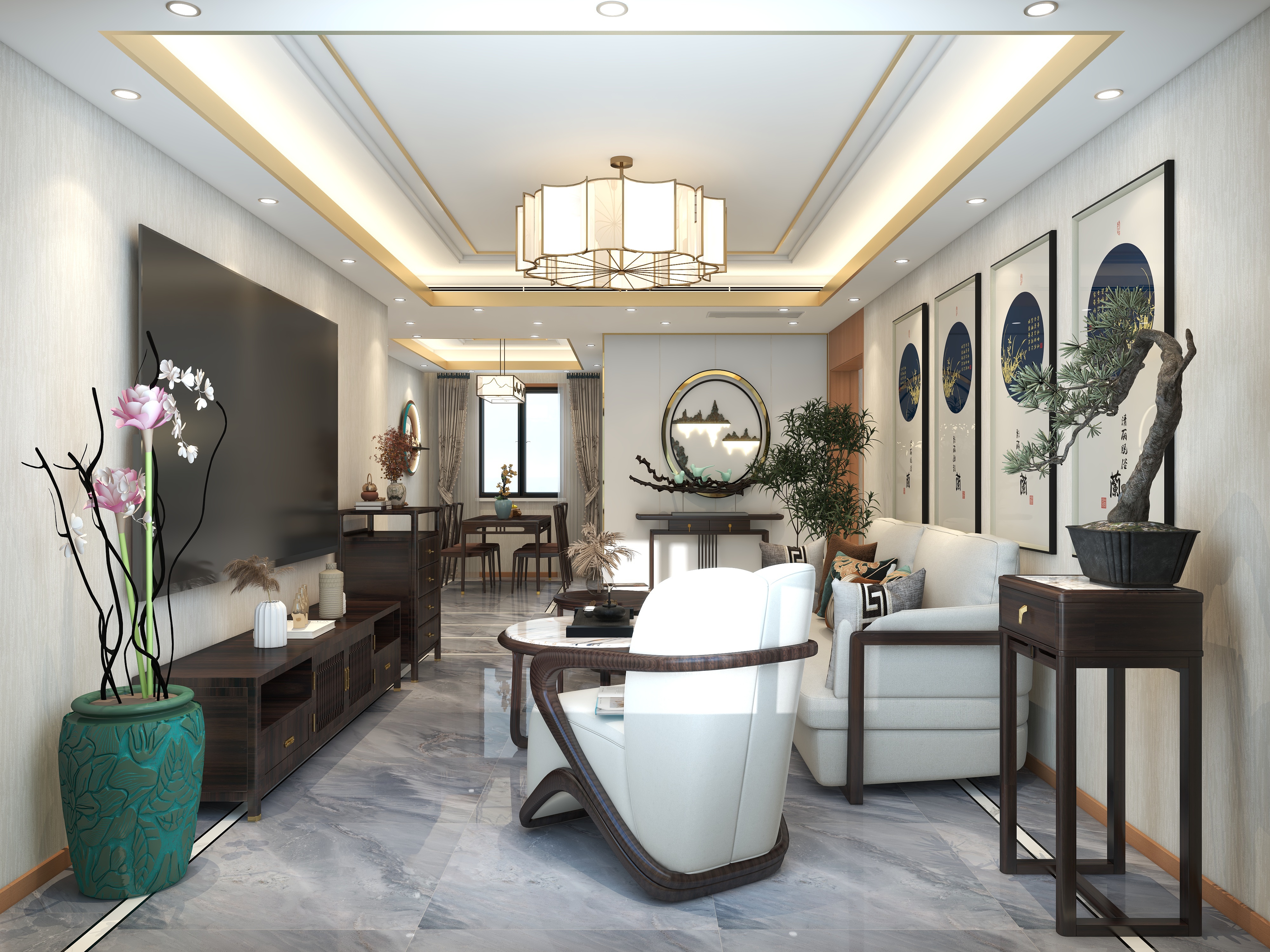 四月蚂蚁子弹飞-新中式91㎡3室装修效果图