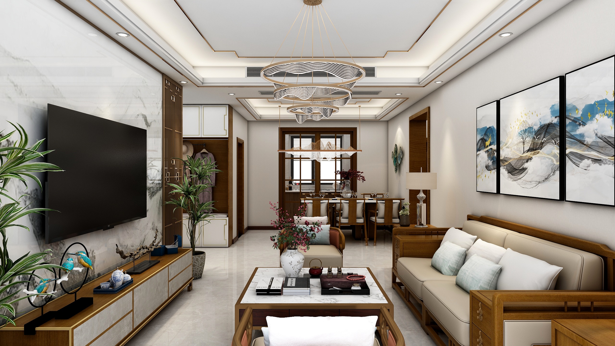 星空设计500一套-110㎡新中式3室装修效果图