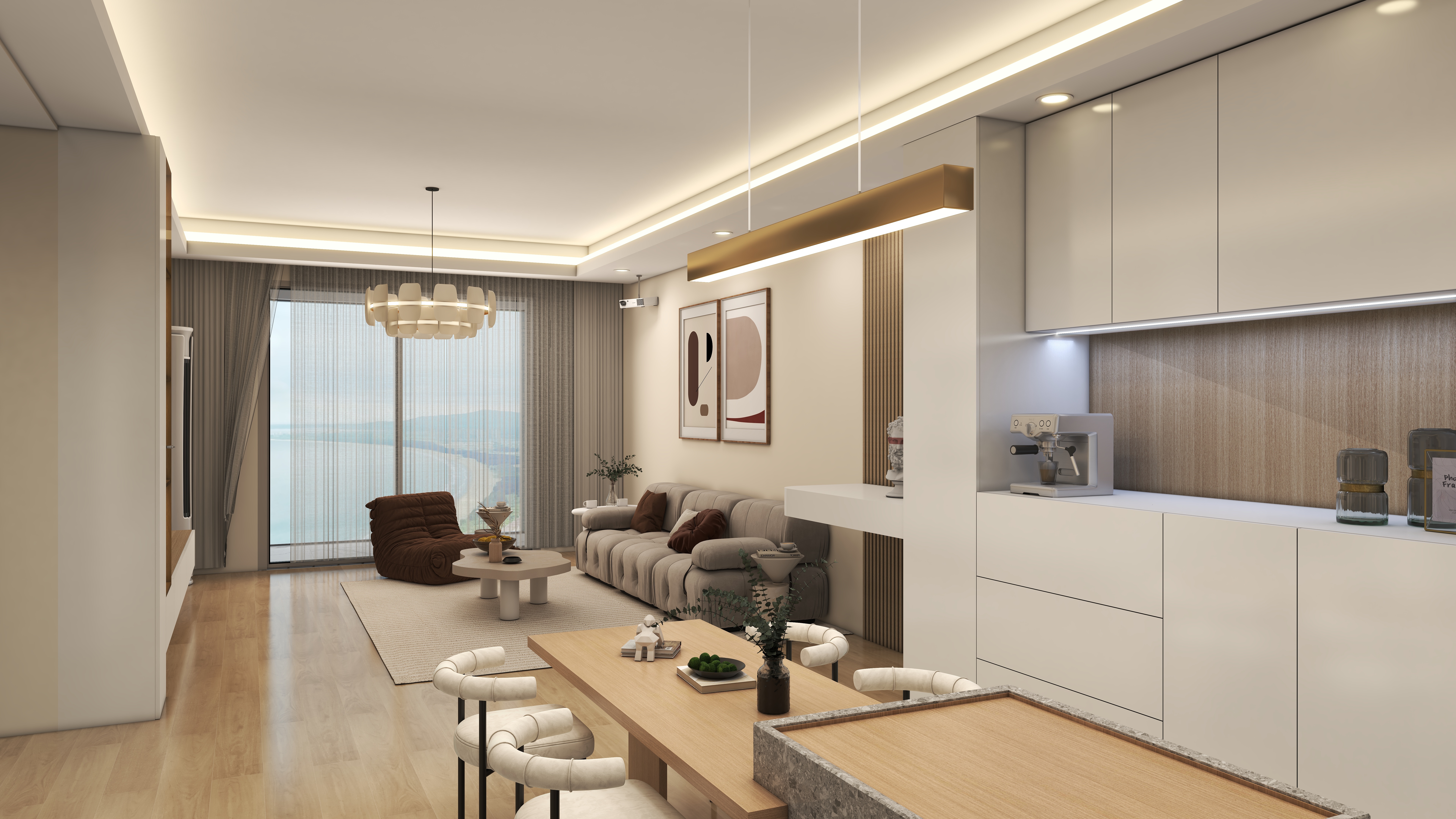 三维全景效果图-奶油原木风123平-装修设计方案