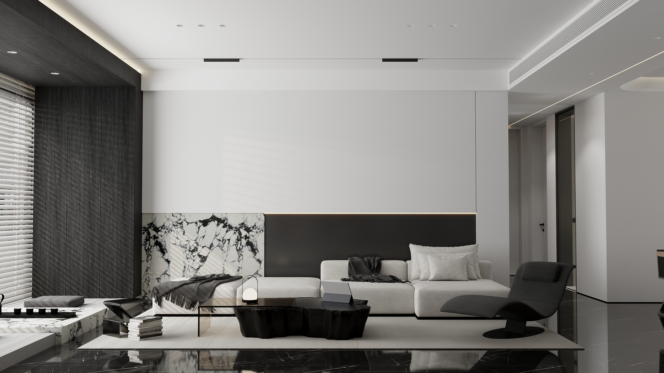 常科-《首开琅樾》极简黑白灰｜大平层高级住宅一层客餐厅装修效果图第1张