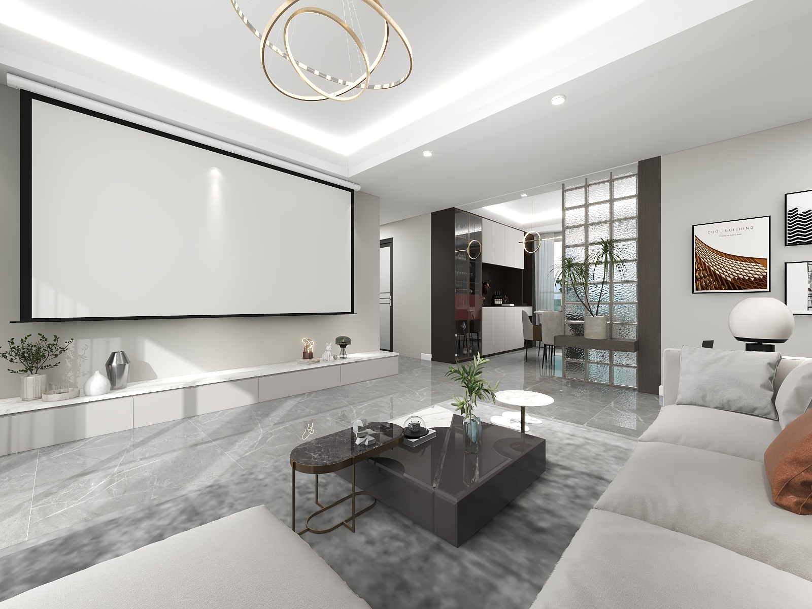 苏比阿瘦-《投影客厅后现代风》奶灰主题大平层-装修设计方案