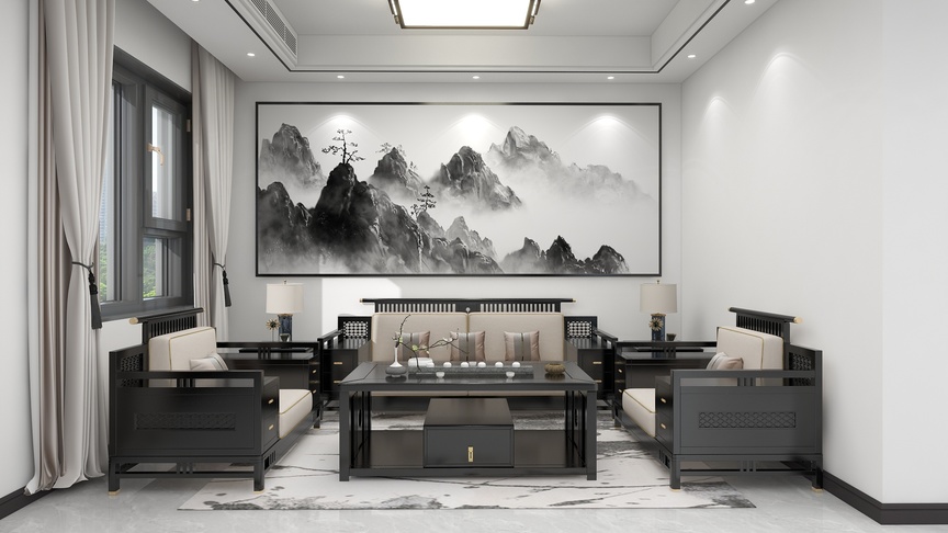 这个场景是一个极简新中式的客厅模型。客厅的墙面是白色的，地面上铺着白色和灰色的大理石瓷砖，天花板上挂着简约的白色吊灯。客厅的中央是一张黑色的茶几，茶几的两边各有一张黑色的沙发，沙发的两侧各有一盏灯，灯的旁边是沙发的一角。沙发的背景墙上挂着一幅装饰画，画面是黑白色调的山水画。整体来说，这个客厅模型以黑白色为主调，显得高雅且大方。