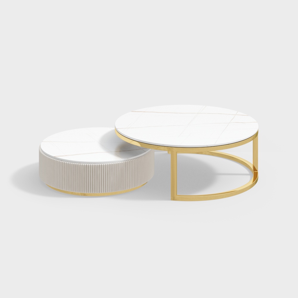 Mesa de café redonda moderna con tapa de piedra acanalada y cajón en blanco y dorado