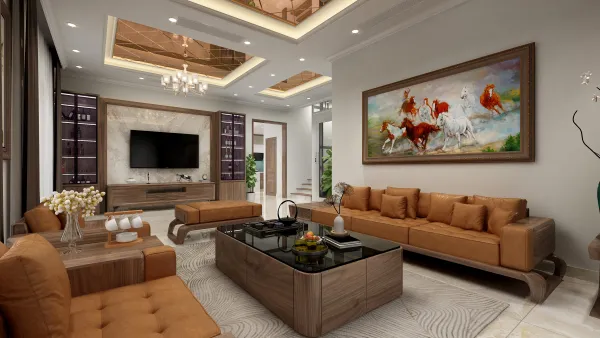 Living room using imported walnut wood. 
Highlight the luxury of the house