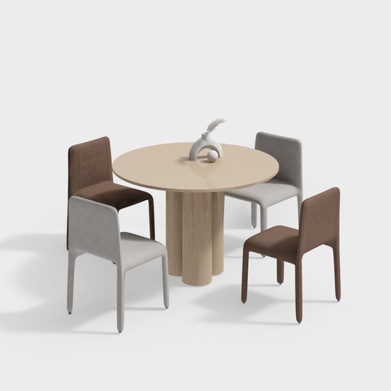 Modern Dining Table and Chairs Set 3D Model in Brown