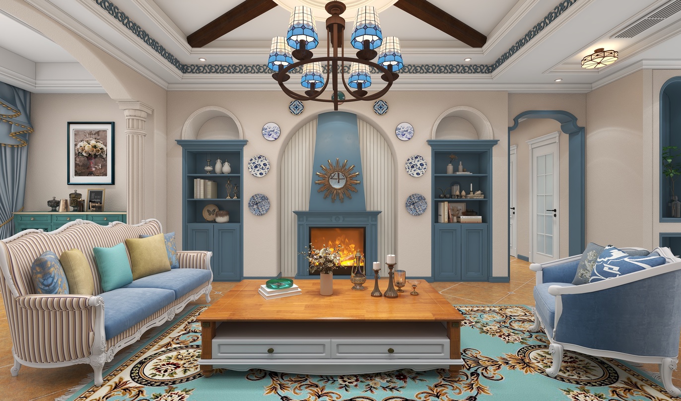 这是一个客厅的装修场景。整体的色调是蓝白相间，给人一种清新、舒适的感觉。吊顶中央有一个华丽的吊灯，为整个房间增添了亮点。