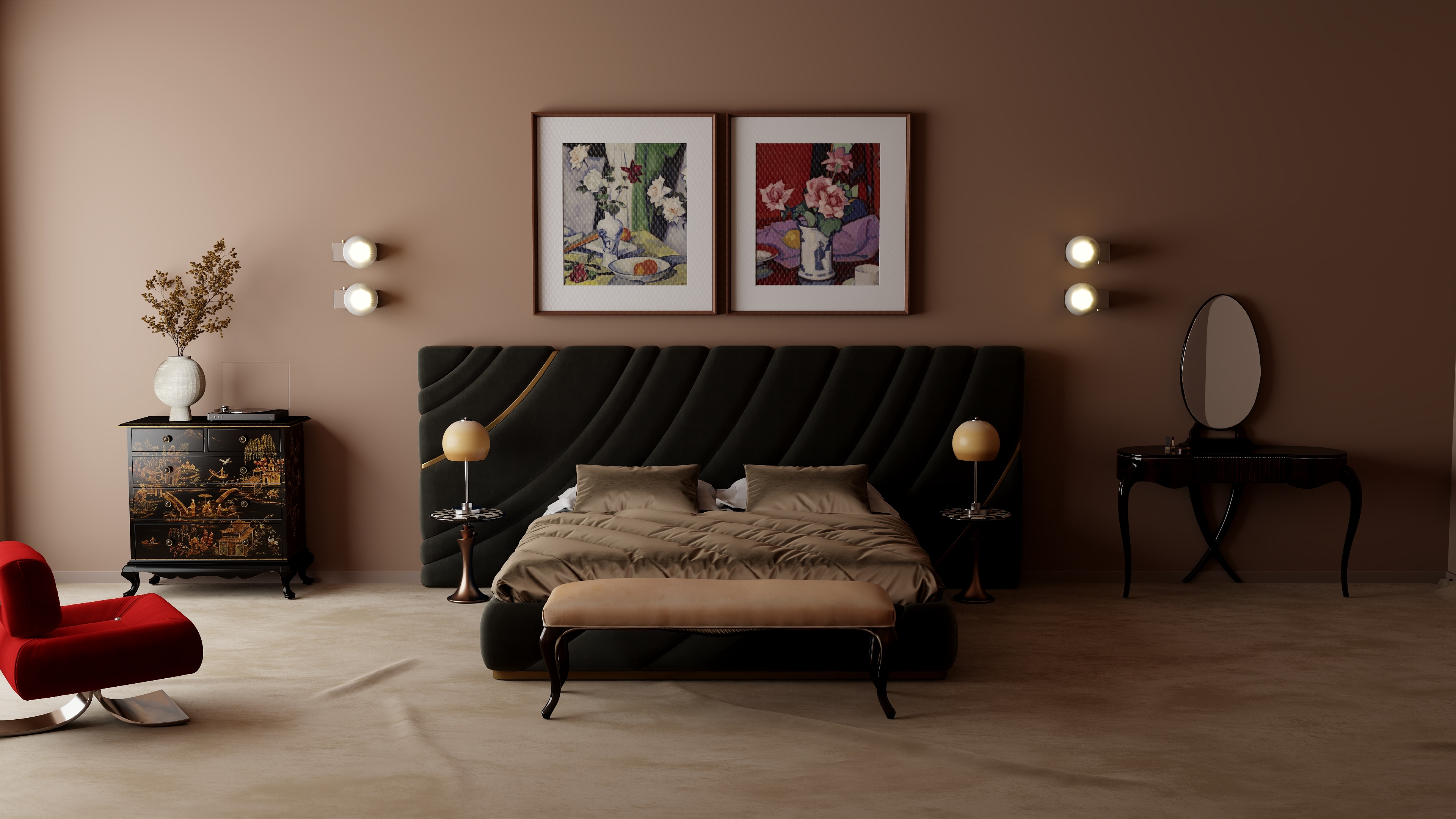 宸玺设计-复古混搭橘丝绒卧室-装修设计方案