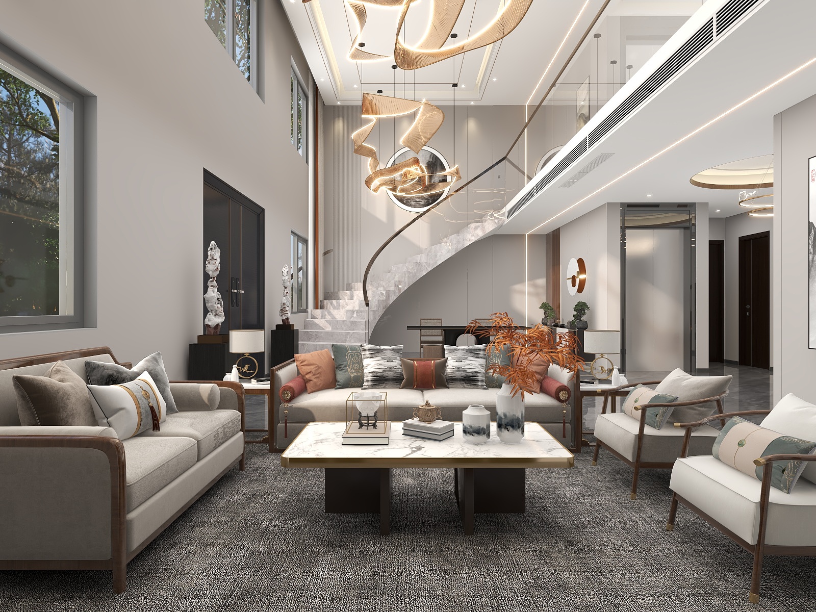 吴爽-现代轻奢新中式四层复试别墅装修效果图