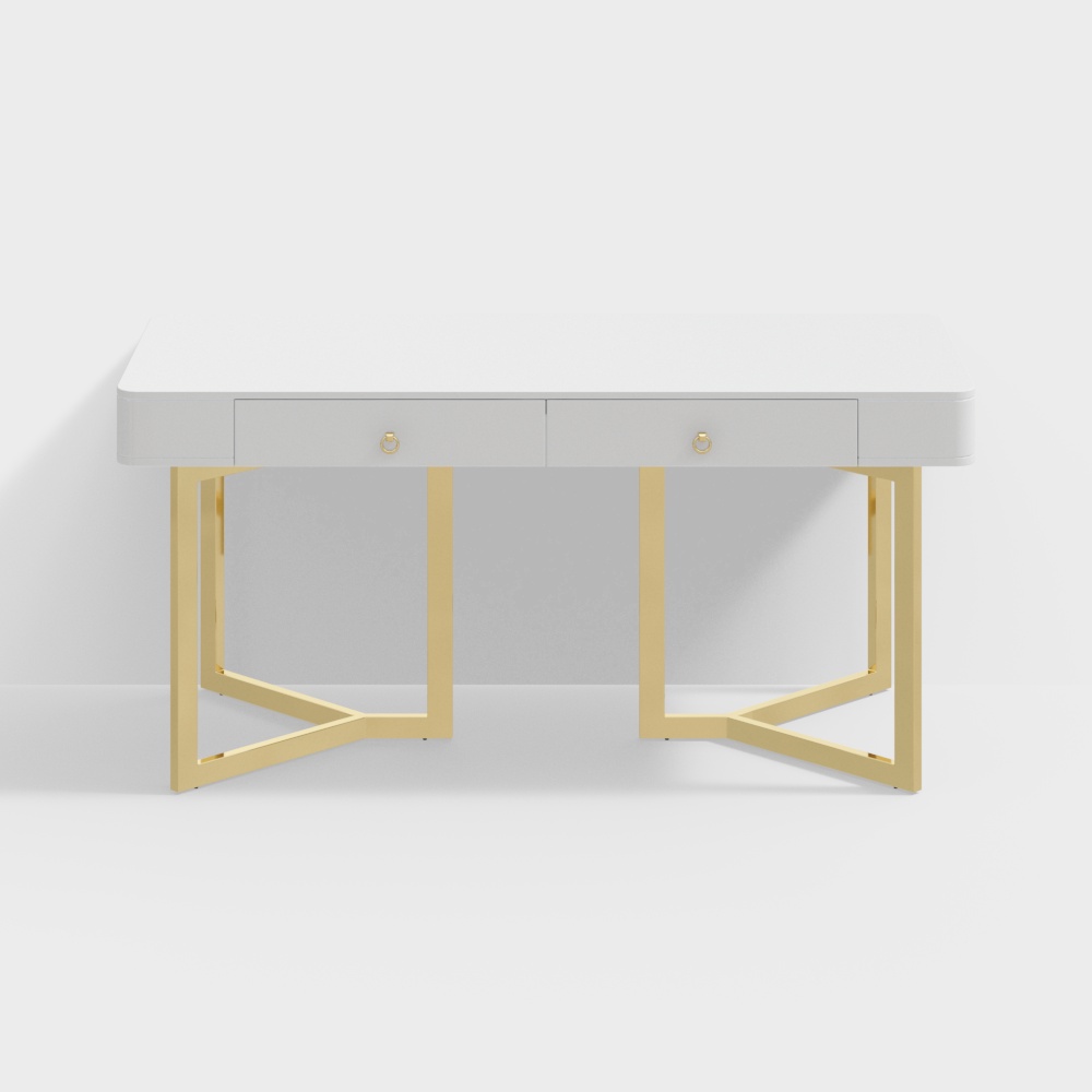 2-Drawers White Office Desk 63" Modern Writing Desk Gold Tripod Base Stainless Steel
