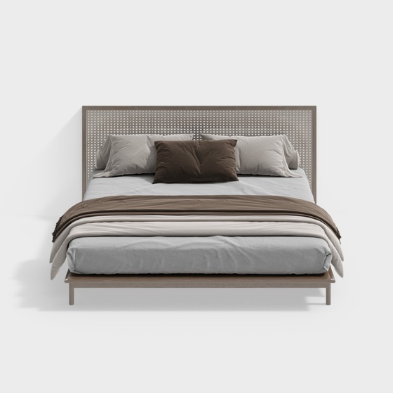 Rustic Minimalist Style Double Bed 3D Model in Beige