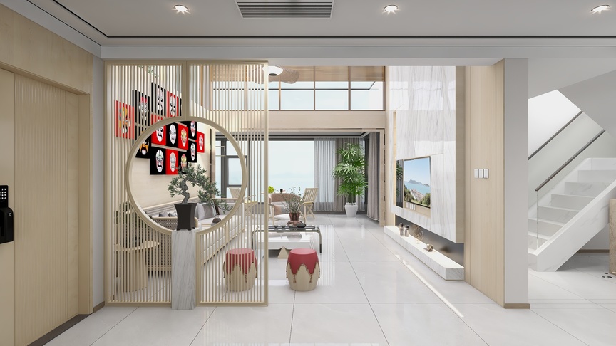 这个模型构建了一个客厅的场景。客厅的地面铺着白色瓷砖，墙面是浅色的木纹。客厅的左侧有一个镂空的木质屏风，将客厅与门厅区域分开。屏风上挂有红色的装饰画和中国结，增添了浓厚的中式氛围。在屏风的后面，是门厅的区域，这里摆放着黑色的椅子和白色的茶几，茶几上放着一个圆形的黑色茶盘，茶盘上放着一个白色的茶杯。在客厅的中间，摆放着一个大型的绿植，增添了室内的生机。电视柜则在电视墙上，电视墙上挂着一台电视机，下方还放置了一个长方形的装饰柜。在客厅的右侧，有一个镂空的木质楼梯，楼梯的下方也放置了一个储物柜。整个空间明亮整洁，布局合理，充满了中式风格。