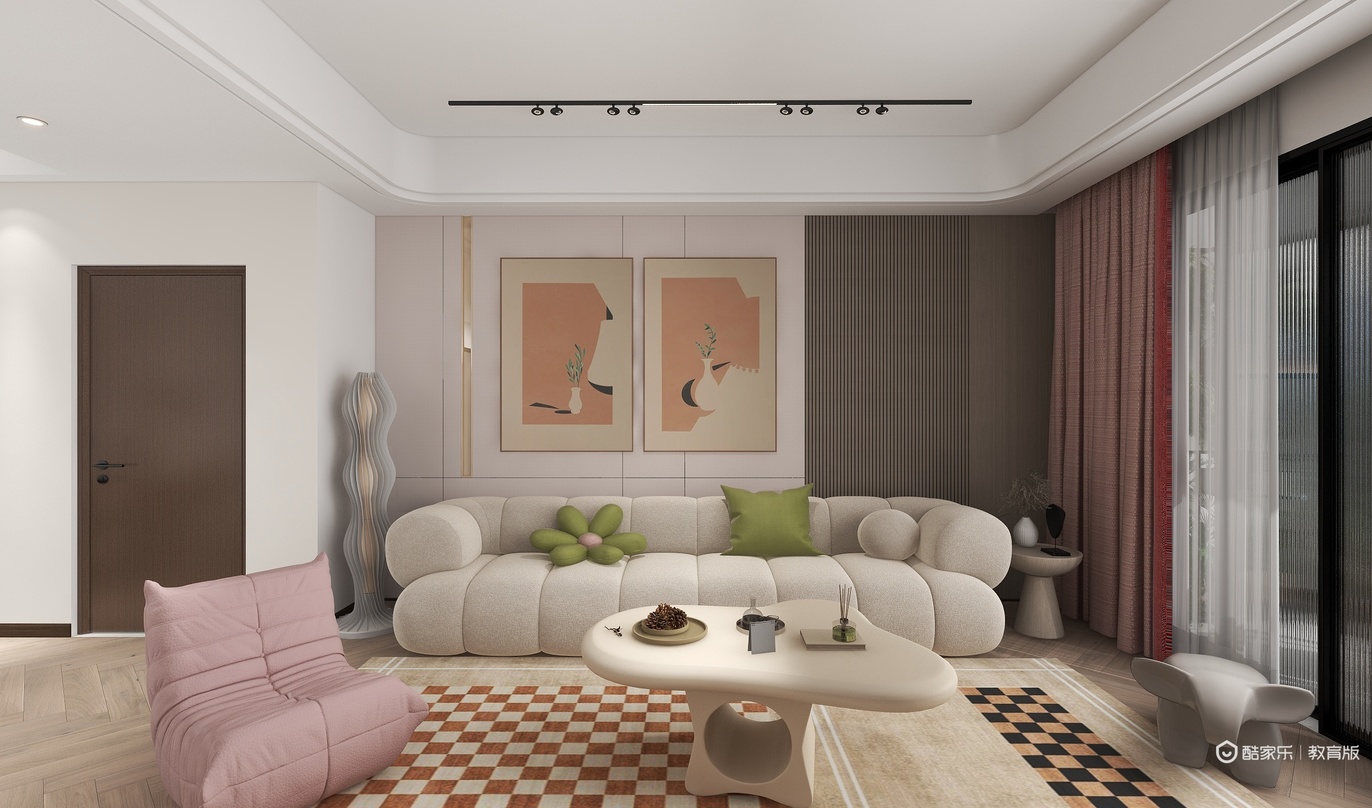 这个客厅空间宽敞明亮，以驼色和粉色为主色调，搭配原木元素，营造出一个温馨舒适的氛围。墙面以驼色为主，搭配艺术画作，增加艺术感。沙发采用粉色的弧形设计，搭配墨绿色的抱枕，增添时尚感。茶几为不规则的几何形状，简单大方。地面上铺设了黄色和棕黑相间的格子地毯，增添层次感。窗边摆放了粉色的沙发，可以在这里阅读或休息。墙面还挂着一盏黑色的壁灯，既美观又实用。整体来看，这个客厅兼具美观与实用，非常人性化。