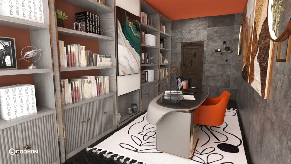 For the office, I chose a blend of stone walls and resin floors to create a dichotomy of textures and the black and white rug to unite those elements. To contrast with the gray of the furniture and walls, I used a bright shade of orange, a color that is known to wake the mind. Now a whole different concept is applied to the Master bedroom, where I used manly earthy textures and plants to complement the green walls that calm the mind. Both are accommodated with modern-style furniture.