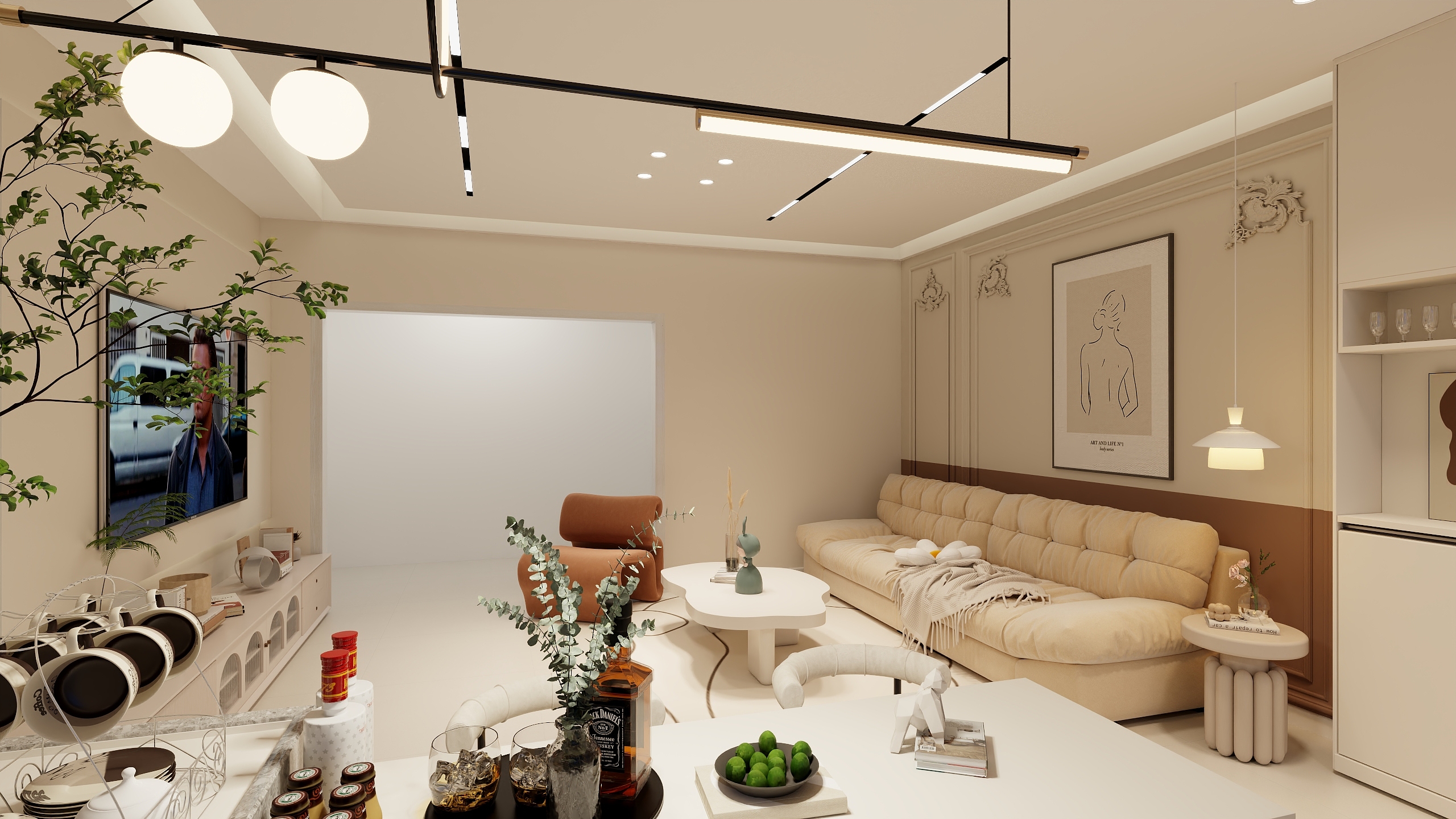 吴妃杰-77㎡3室奶油风客餐厅-装修设计方案