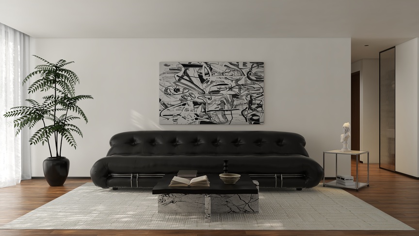 这是一间明亮的客厅，整体以黑白为主。墙上挂着一幅黑色的抽象画，下面是一块白色的地毯。客厅的家具包括一个黑色的沙发、一个黑色的茶几、两旁各有一边的桌子。在沙发后方的墙上，还挂着另一幅画。窗户旁边放置了一盆植物，增加了房间的生气。