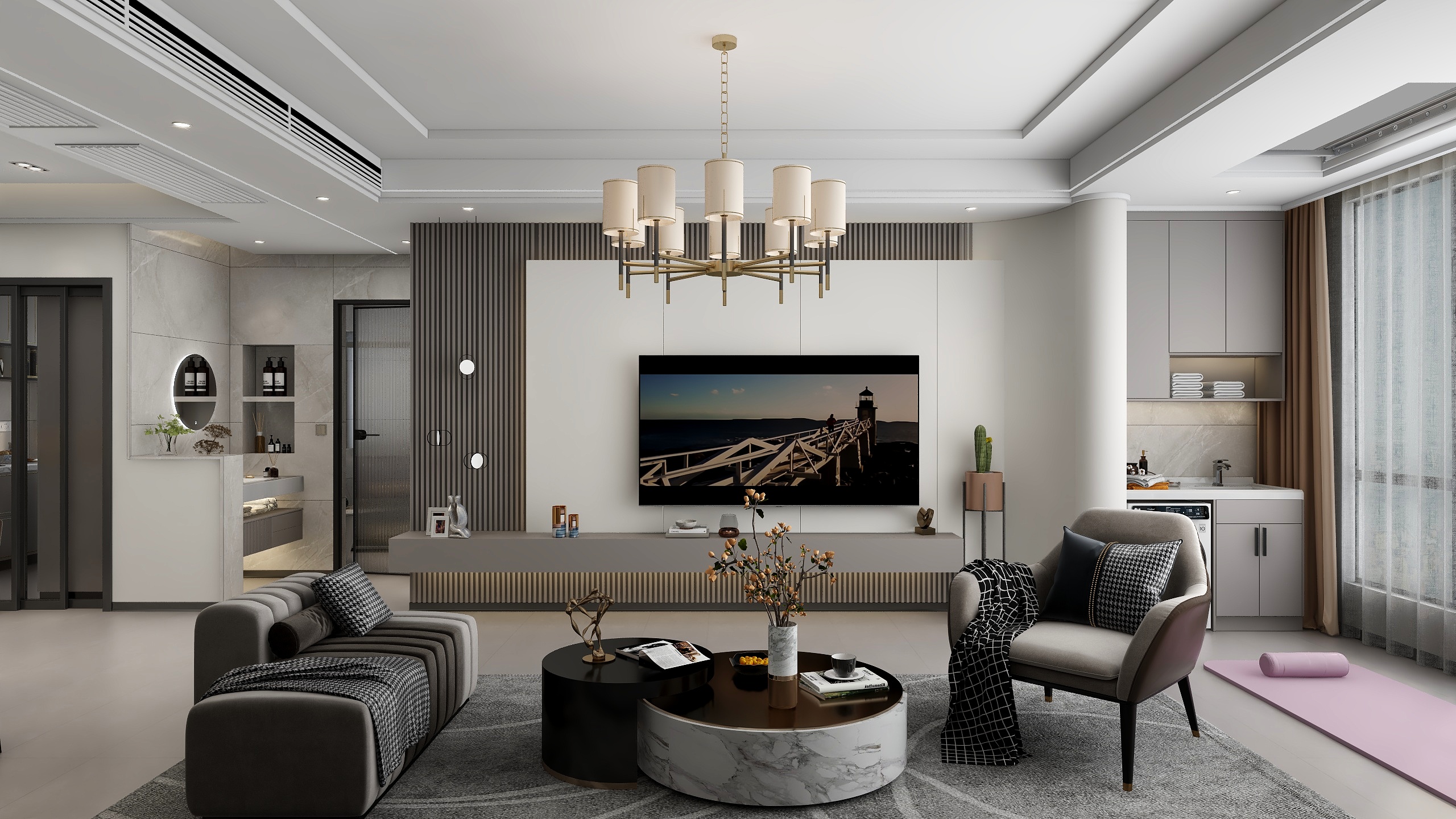 姚广龙-轻奢风·可可蛋奶色+双眼皮带帽线性灯-装修设计方案