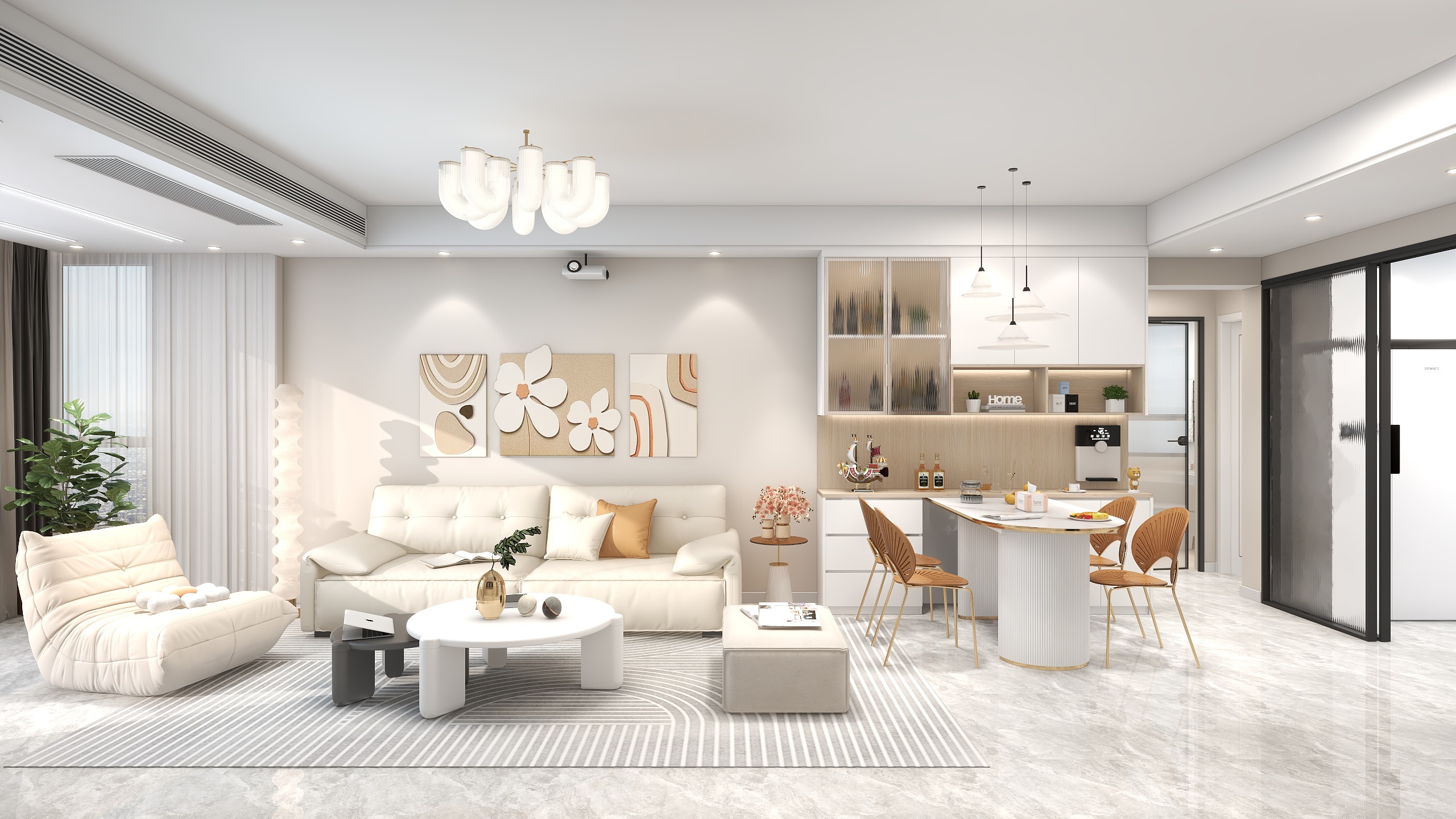 设计师同乐-120平米三室两厅现代奶油风装修效果图