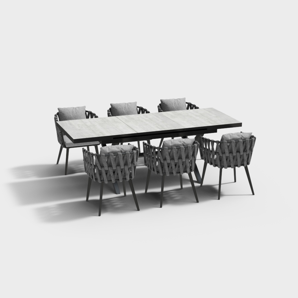 7-teilig Aluminium Garten-Essgruppe mit ausziehbarem Marmortisch & gewebtem Sessel