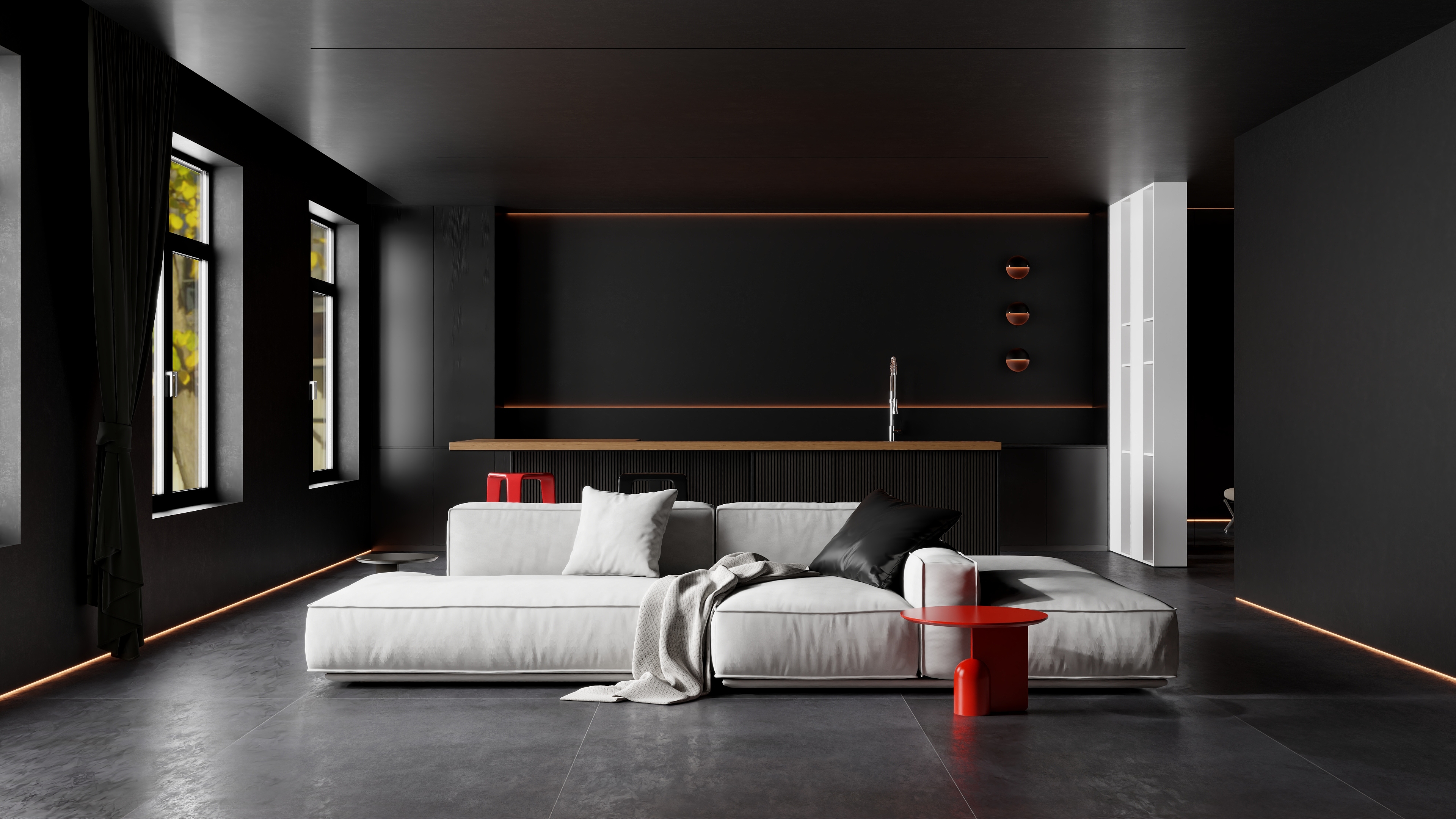 宸玺设计-暗黑里的一抹红——现代极简横厅-装修设计方案
